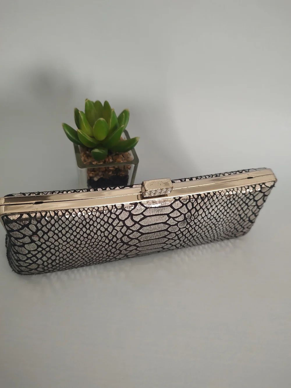 Metallic Snake-Print Evening Clutch with Chain Strap